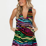 Black Rainbow Tiger Denim V Dress | Queen Of Sparkles