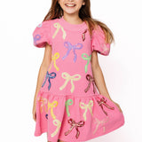 KIDS Pink Multi Bow Poof Sleeve Dress | Queen Of Sparkles