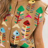 Tan Multi Fish Bones Button Up Tank | Queen Of Sparkles
