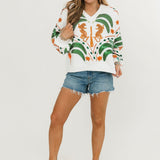 White Palm Tree & Jaguar V Neck Sweatshirt | Queen Of Sparkles