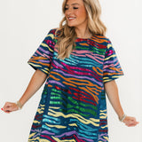 Denim W/ Rainbow Tiger Short Sleeve Dress | Queen Of Sparkles