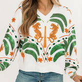 White Palm Tree & Jaguar V Neck Sweatshirt | Queen Of Sparkles
