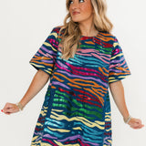 Denim W/ Rainbow Tiger Short Sleeve Dress | Queen Of Sparkles