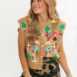 Tan Multi Fish Bones Button Up Tank | Queen Of Sparkles