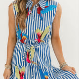 Navy & White Stripe Multi Parrot Tie Midi Cotton Dress | Queen Of Sparkles
