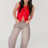 Good Luck Printed Barrel Jeans | Brown Sugar