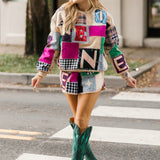 Beige Mutli Queen Patchwork Sweatshirt | Queen Of Sparkles