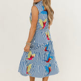 Navy & White Stripe Multi Parrot Tie Midi Cotton Dress | Queen Of Sparkles
