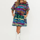 Denim W/ Rainbow Tiger Short Sleeve Dress | Queen Of Sparkles