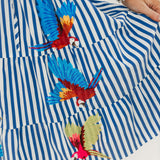 Navy & White Stripe Multi Parrot Tie Midi Cotton Dress | Queen Of Sparkles
