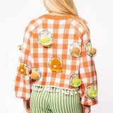 Orange Checker Knit Thanksgiving Food On Plate Fringe Cardigan | Queen Of Sparkles