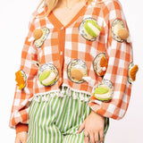 Orange Checker Knit Thanksgiving Food On Plate Fringe Cardigan | Queen Of Sparkles