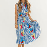 Navy & White Stripe Multi Parrot Tie Midi Cotton Dress | Queen Of Sparkles