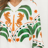 White Palm Tree & Jaguar V Neck Sweatshirt | Queen Of Sparkles