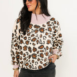Ivory Leopard Mock Neck Sweatshirt With Light Pink Trim | Queen Of Sparkles