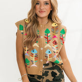Tan Multi Fish Bones Button Up Tank | Queen Of Sparkles
