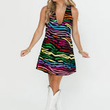 Black Rainbow Tiger Denim V Dress | Queen Of Sparkles