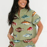 Green Multi Fish Henley Top | Queen Of Sparkles