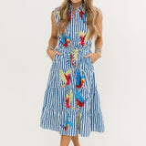 Navy & White Stripe Multi Parrot Tie Midi Cotton Dress | Queen Of Sparkles