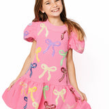 KIDS Pink Multi Bow Poof Sleeve Dress | Queen Of Sparkles