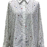 White Rhinestone Cotton Button Up Collared Top | Queen Of Sparkles