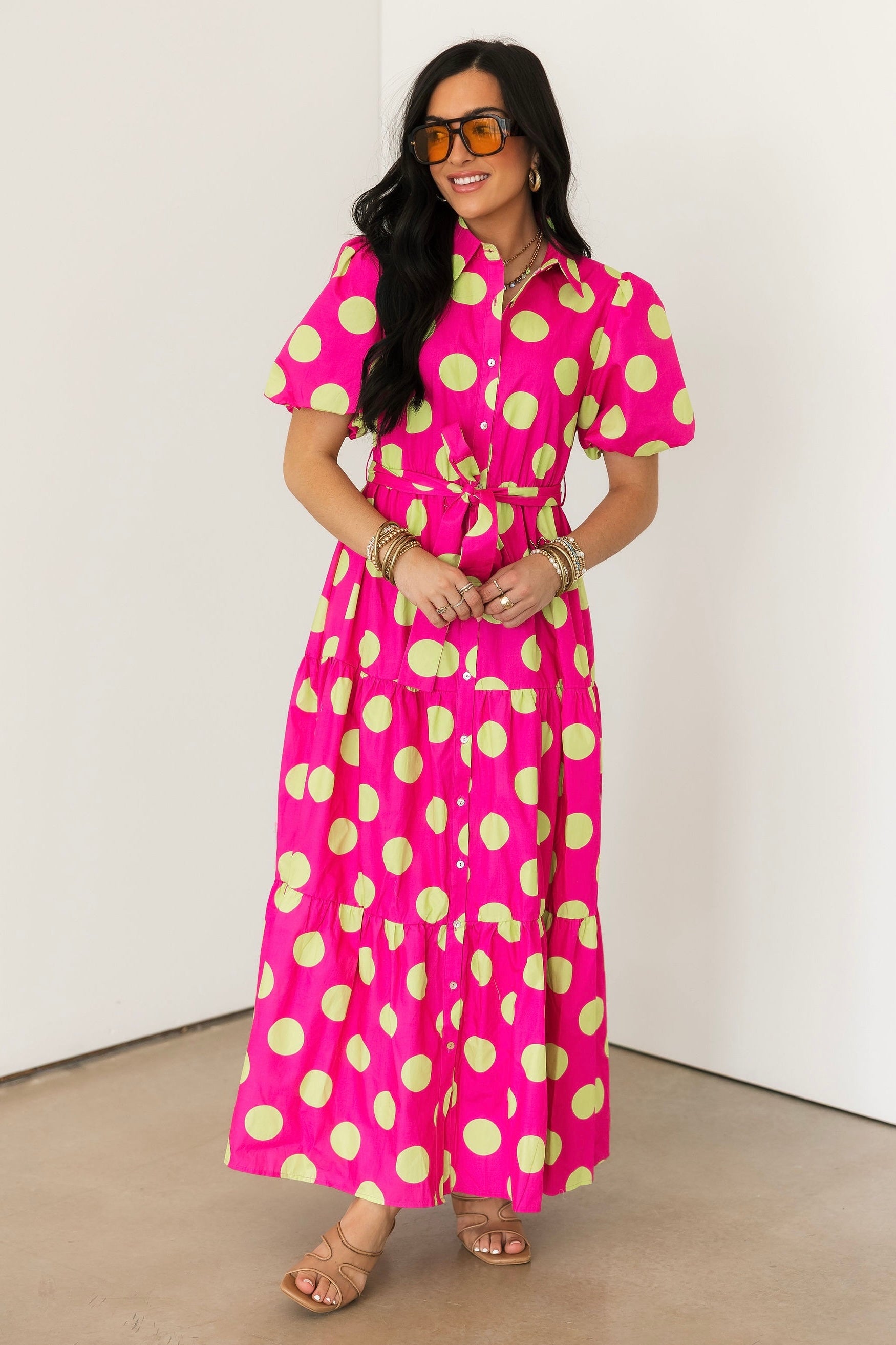pink dress with green polka dots Pink and Brown Polka Dot Atlas Midi Dress