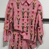 Red Stripe Scattered Nutcracker & Bow Cotton Button Up Top | Queen Of Sparkles