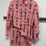 Red Stripe Scattered Nutcracker & Bow Cotton Button Up Top | Queen Of Sparkles