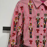 Red Stripe Scattered Nutcracker & Bow Cotton Button Up Top | Queen Of Sparkles