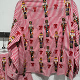 Red Stripe Scattered Nutcracker & Bow Cotton Button Up Top | Queen Of Sparkles