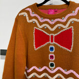 Brown Gingerbread Man Jewel Bow Tie Sweater | Queen Of Sparkles
