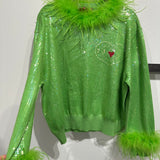 Green Full Sequin Feather Trim Grinch Heart Sweater | Queen Of Sparkles