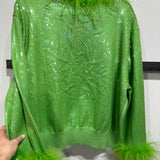 Green Full Sequin Feather Trim Grinch Heart Sweater | Queen Of Sparkles