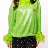 Green Full Sequin Feather Trim Grinch Heart Sweater | Queen Of Sparkles