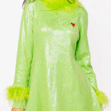 Green Full Sequin Feather Trim Grinch Heart Dress | Queen Of Sparkles