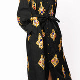 Black & Gold Jeweled Ornament Cotton Tie Midi Dress | Queen Of Sparkles