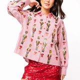 Red Stripe Scattered Nutcracker & Bow Cotton Button Up Top | Queen Of Sparkles