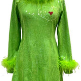 Green Full Sequin Feather Trim Grinch Heart Dress | Queen Of Sparkles