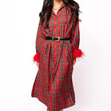 Red & Green Plaid Feather Sleeve Button Up Midi Dress | Queen Of Sparkles