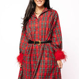 Red & Green Plaid Feather Sleeve Button Up Midi Dress | Queen Of Sparkles