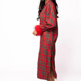 Red & Green Plaid Feather Sleeve Button Up Midi Dress | Queen Of Sparkles