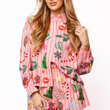 Light Pink & Red Stripe Christmas Icons Cotton Button Up Top | Queen Of Sparkles
