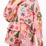 Light Pink & Red Stripe Christmas Icons Cotton Button Up Top | Queen Of Sparkles