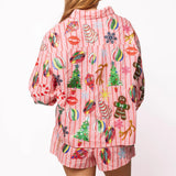Light Pink & Red Stripe Christmas Icons Cotton Button Up Top | Queen Of Sparkles
