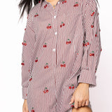 Striped Cotton Button Up Long Sleeve Jeweled Cherry Romper | Queen Of Sparkles