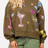 Olive Green Multi Martini Sweatshirt | Queen Of Sparkles