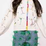 White Multi Cosmo & Martini Button Up Cardigan With Rainbow Trim | Queen Of Sparkles
