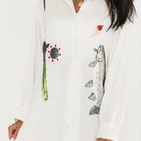White Fishing Pole With Hooked Fish Gauze Button Up Collar Dress | Queen Of Sparkles