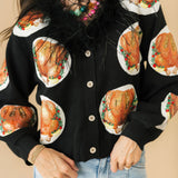 Navy Turkey On Plates Feather Neck Button Up Cardigan | Queen Of Sparkles