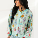 Aqua Colorblock Trim Multi Watch Button Up Cardigan | Queen Of Sparkles